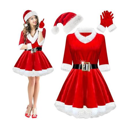 Fru Julemand Kostume til Kvinder 4 STK, Fløjls Julemandskjole med Hat & Handsker til Julefrokost