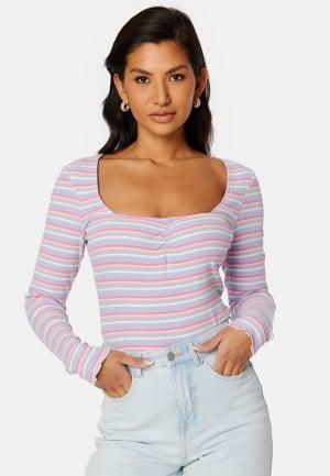 Bubbleroom - Selda ls striped top XS - Blue / Pink / Striped - Toppar & T-shirts - Dam
