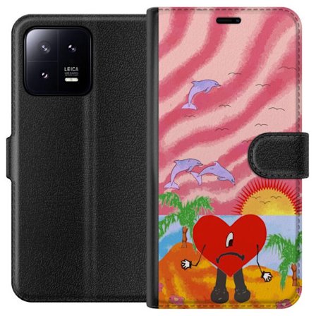 Kompatibelt Lommeboketui til Xiaomi 13 Bad Bunny i en fargerik quiltet jakke med hjertemønster og solbriller i moderne gatestil