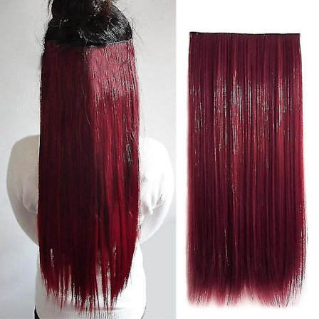 Vinrød syntetisk 5 klips i hårextensions hårstykke langt rett naturlig hårextension