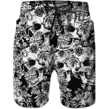 Svalkande snabbtorkande badshorts för män med sidofickor och meshfoder - Storlek L - Svart dödskalle