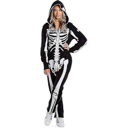 Halloween Skeleton Costume Jumpsuit With Front And Back Skeleton Bone Print For Women -a