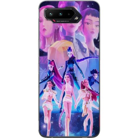 Yhteensopiva Puhelinkuori Asus ROG Phone 5 K-pop-inspiroinut tulevaisuutta ennakoiva tyttöryhmä neonvaloissa ja kosmisessa sci-fi-esiintymislavalla