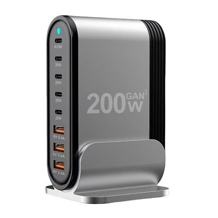 Stor strøm 200W ladestasjon for telefoner, nettbrett, bærbare datamaskiner, 8-ports USB og Type C