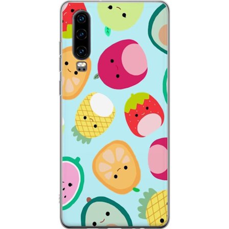Kompatibelt Mobildeksel til Huawei P30 Mønster av kawaii-frukter som jordbær sitron ananas og avocado på lyseblå bakgrunn