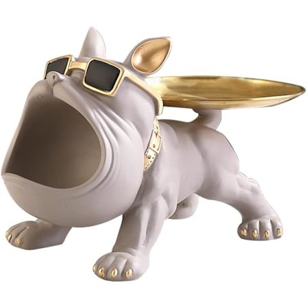 Stor Skulptur, Rin Cool Hundskulptur Bulldog med Stor Mun Nyckelhållare Figur med Stor Bricka, Entré Hantverkskonst Staty Heminredning