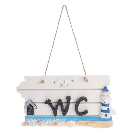 Håndlavet Middelhavs-Vægophæng i Træ med WC-Plakat (Fyrtårn)
