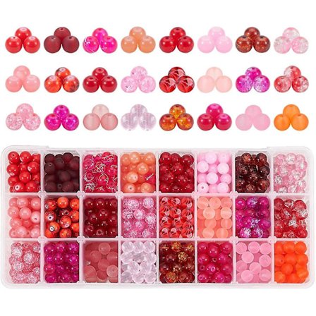 24 Farger 8mm Jule Røde Glassperler 7 Stiler Rød Serie Runde Løse Perler Glass Spacer Perler med Saks Krystalltråd Nåler for Valentins Nec