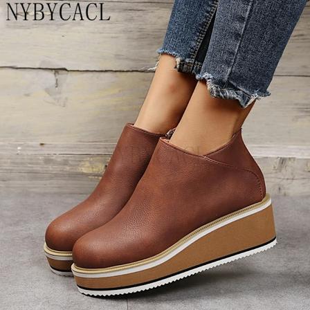Damskor Platform Ankle Boots Mode Höst och Vinter Enfärgad dragkedja Tjocksula Snöskor Bekväma Utomhus Korta Stövlar dark brown 42