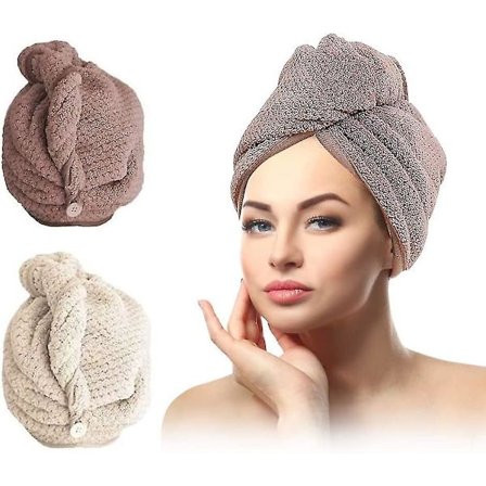 Turban Håndkle, Hode Håndkle Med Knapp Mikrofiber, Beige+Brun - 2 Stykker