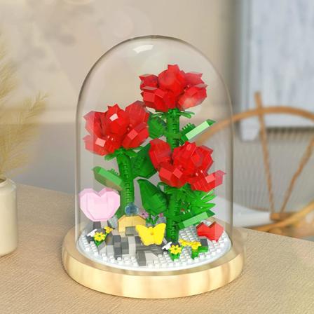 Rose, kunstig blomsterbukett byggeklosser for rom- og kontordekorasjon, voksne, Valentinsdagsgave