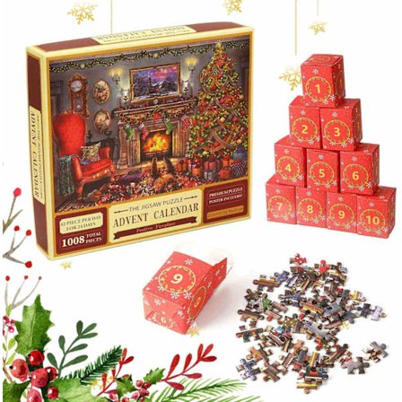 Joulukalenteripalapeli 2024, 1008 osaa, Joulupukki-palapeli, Joululahjat, 24 palapelilaatikon lähtölaskenta, Joululahja pojille ja tytöille [HK]