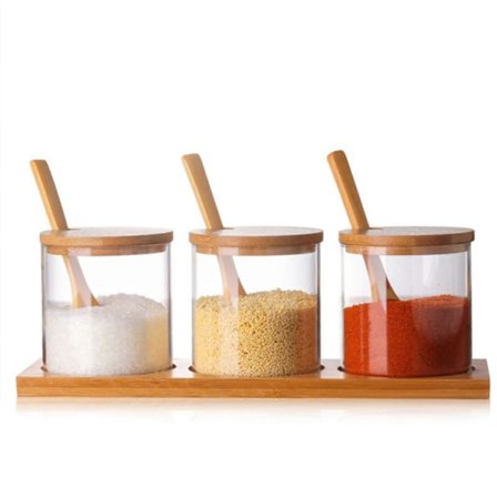300 ml lasiset maustepurkit bambukannella ja lusikalla, keittiön maustelaatikko, mausteastia, sokeri-, suola- ja pippuripurkki