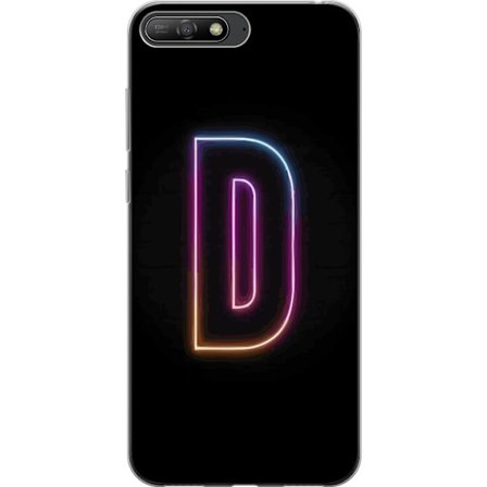 Kompatibel Mobilcover til Huawei Huawei Y6 (2018) Minimalistisk neonbogstav D i farveskiftende lys mod sort baggrund i moderne digital design