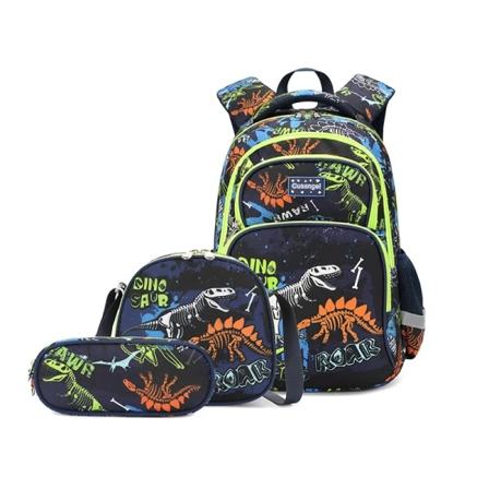 Gutter Dinosaur ryggsekksett med lunsjboks Blyantboks Jenter skoleveske Barn Grunnskole Førskole tegneserie skoleveske black Dinosaur 3pcs