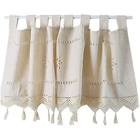 Kort gardin til vindue, vintage bomulds- og linnedgardin med kvast, gardin med hæklet blonde til café, bistro, køkken, landlig stil, beige, b x h 