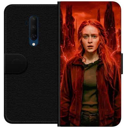 Kompatibelt Plånboksfodral till OnePlus OnePlus 7T Pro Porträtt av en ung kvinna med rött hår i en apokalyptisk landskap, röda blixtar och mörka