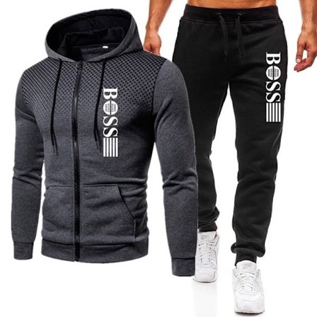BOSS Herre Tracksuit 2-delt Hettegenser Langermet Jakke med Glidelås og Casual Joggebukser Treningssett Mørkegrå-Svart Mørkegrå-Svart-FX- Mørkegrå-