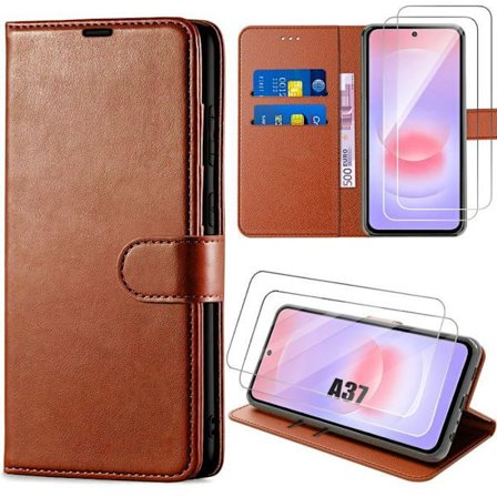 Cover + 2 Tempererede Glas til Samsung Galaxy A37 5G, Syntetisk Læder Stødabsorberende Ridsefast Brun