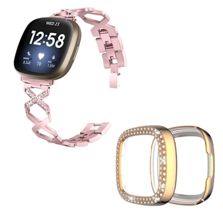 Fitbit Sense / Versa 3 X-formet klokkerem med rhinestone-dekorasjon og deksel i rosa gull - Rosa Rose