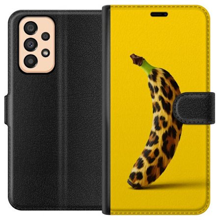 Kompatibel Tegnebogsetui til Samsung Samsung Galaxy A33 5G Banan med leopardmønster mod gul baggrund i en kreativ og legende design