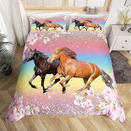 Heste sengetøy sett for jenter, hester rosa blomster dynetrekk sett for barn