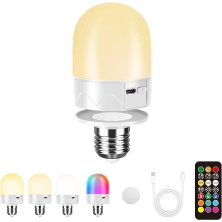 USB-ladet RGB LED-lampe med fjernkontroll – E27 smart lyspære, 12 farger + dimbar (800 lumen), 3-timers timer, oppladbar nattlampe