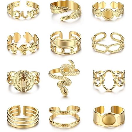 18K Guldpläterade Ringar för Kvinnor, Rostfritt Stål Statement Ringar Pack Stacking Boho Midi Ringar Justerbar Öppen Ring Band Twisted Signetringar