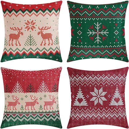 4 Julröda och gröna julkuddfodral, vintersnöflingor, julgran renkuddfodral 18 x 18 tum