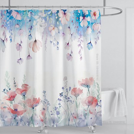 Akvarel Blade Bruseforhæng Sæt Vandtæt Blomsterplante Blade Stof Badeværelsesforhæng med Kroge, B150xH180cm