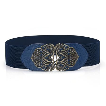Elastisk belte Vintage damebelte med utskårne blomstermønster Bronze Buckle Blue