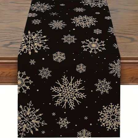 Sort Gull Julebordløper Snøfnugg Duk Vaskbar Sesongbasert Vinter Moderne Løper i Lin Kompatibel Party Ferie Kjøkken Spisebord