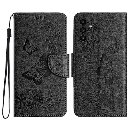 Kotelo Samsung Galaxy A16 5G Perhoset Kukka Nahkainen Lompakko Käännettävä Puhelinkotelo - Musta