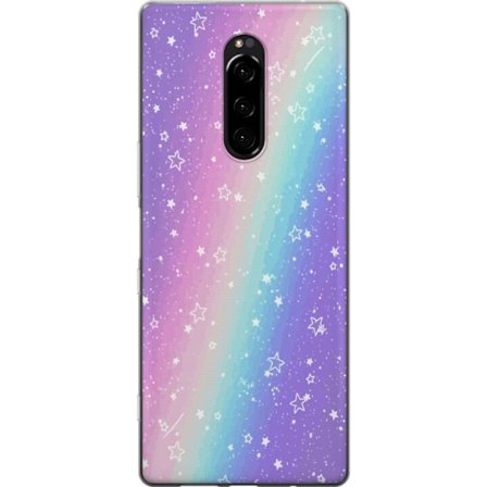 Yhteensopiva Puhelinkuori Sony Xperia 1 Sateenkaaren värisellä pastellitaustalla on valkoisia tähtiä ja kimaltelevia pisteitä pehmeässä siirtym