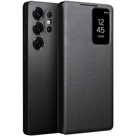 For Samsung Galaxy S25 Ultra Case Visningsvindu Ekte Kuskinn Flip Telefondeksel Svart