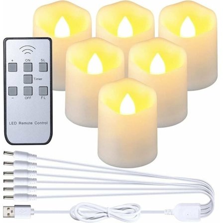 Uppladdningsbara LED-ljus, 6-pack flamlösa ljus med fjärrkontroll, flimrande värmeljus med USB-laddningskabel för Halloween Hem-XF6--tfrf