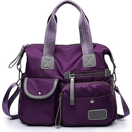 Tote Bag for Kvinner, Romslig Håndveske med Flere Lommer, Lett Skulderveske for Damer, Nylon Crossbody (Ren Lilla)