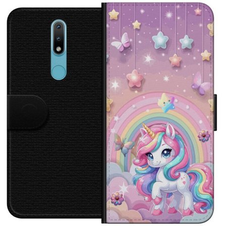 Kompatibel Tegnebogsetui til Nokia 2.4 Magisk enhjørning med regnbue manke, stjerner og sommerfugle mod en pastelfarvet himmel med skyer