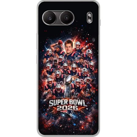 Yhteensopiva Puhelinkuori OnePlus Nord 4 Super Bowl 2026 juliste, jossa New England Patriots ja NFL-mestaruuspalkinto räjähtävän urheilullisessa suunn