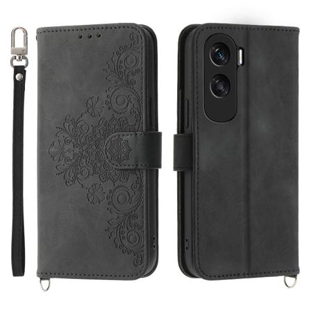Case för Honor 90 Lite 5g / X50i 5g, cover med mönstertryckt läderfodral med rem Black