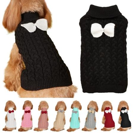 Hundetrøje med Høj Hals og Sløjfe - Varm Vintertrøje Strikket Trøje Hæklet Hundekåbe Julekostume til Små, Mellemstore og Store Hunde og Katte (L)