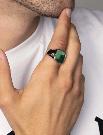 Nialaya Men's Silver Signet Ring With Green Jade - Green - 8