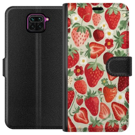 Yhteensopiva Lompakkokotelo Xiaomi Redmi Note 9 Koristeellinen kuviointi, jossa on punaisia mansikoita, vihreitä lehtiä ja pieniä kukkia