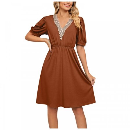 V-ringad kortärmad ficka indragning midjeklänning (Karamell L)