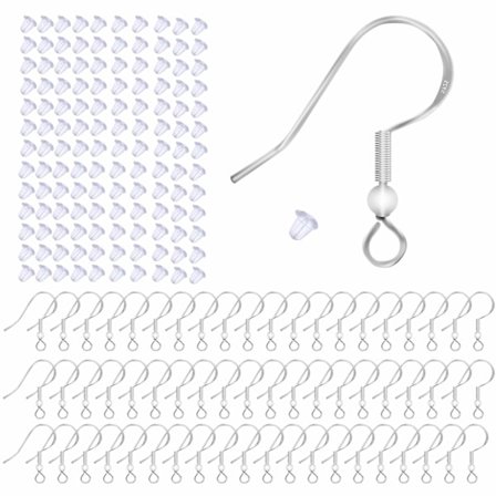 100 stk. 925 Sterling Sølv Øreringe Kroge, Øreringe Tilbehør Allergivenlige Smykkekroge DIY Øretråde Med 100 Gennemsigtige Gummi Smykkefund