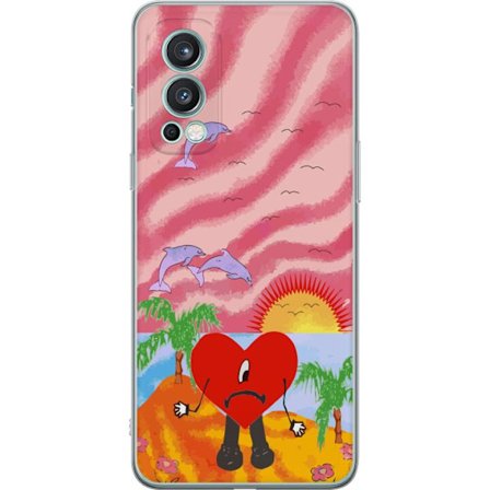 Kompatibel Mobilcover til OnePlus Nord 2 5G Bad Bunny i en farverig quiltet jakke med hjertemønster og solbriller i moderne gade stil