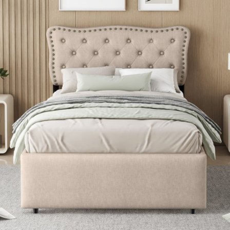 Mörkbeige säng med klädsel 90x200 cm med lådor & nitdekor | Elegant slät säng