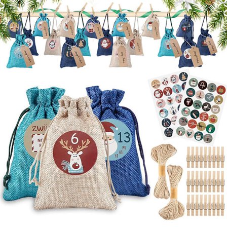 Fyll-din-egen adventskalenderset: Återanvändbara jutepåsar + tyg
