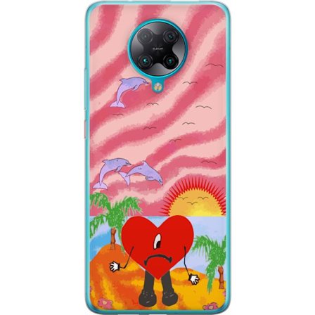 Kompatibelt Mobildeksel til Xiaomi Poco F2 Pro Bad Bunny i en fargerik quiltet jakke med hjertemønster og solbriller i moderne gatestil