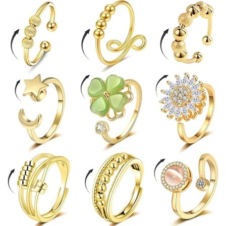 Fidget Ring Angstringer for Kvinner Gull 9 stk Justerbar Spinner Ring Gull-A